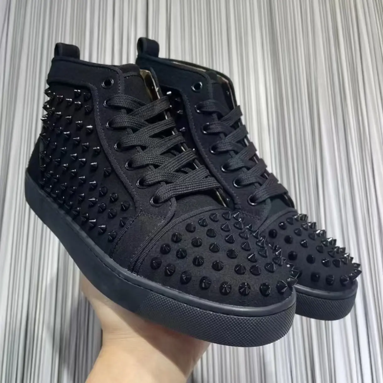 Men's Luxury Black High-Top Lace-Up Trainers - Rhinestone Stud-Spikes Upper, Trendy Daily Street Shoes, Sports Footwear with Fashion-Practicality Design