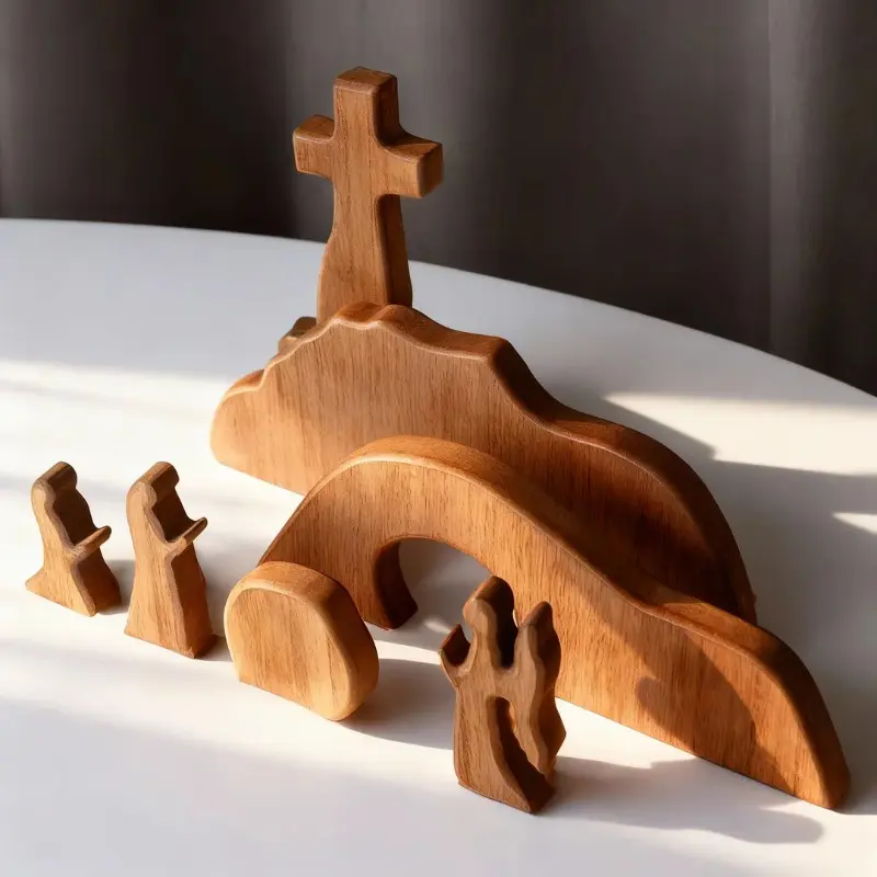 Wooden Easter Scene Set with Empty Tomb & Cross. A Meaningful Religious Home Decor Centerpiece and Inspiring Christian Gift for Easter.