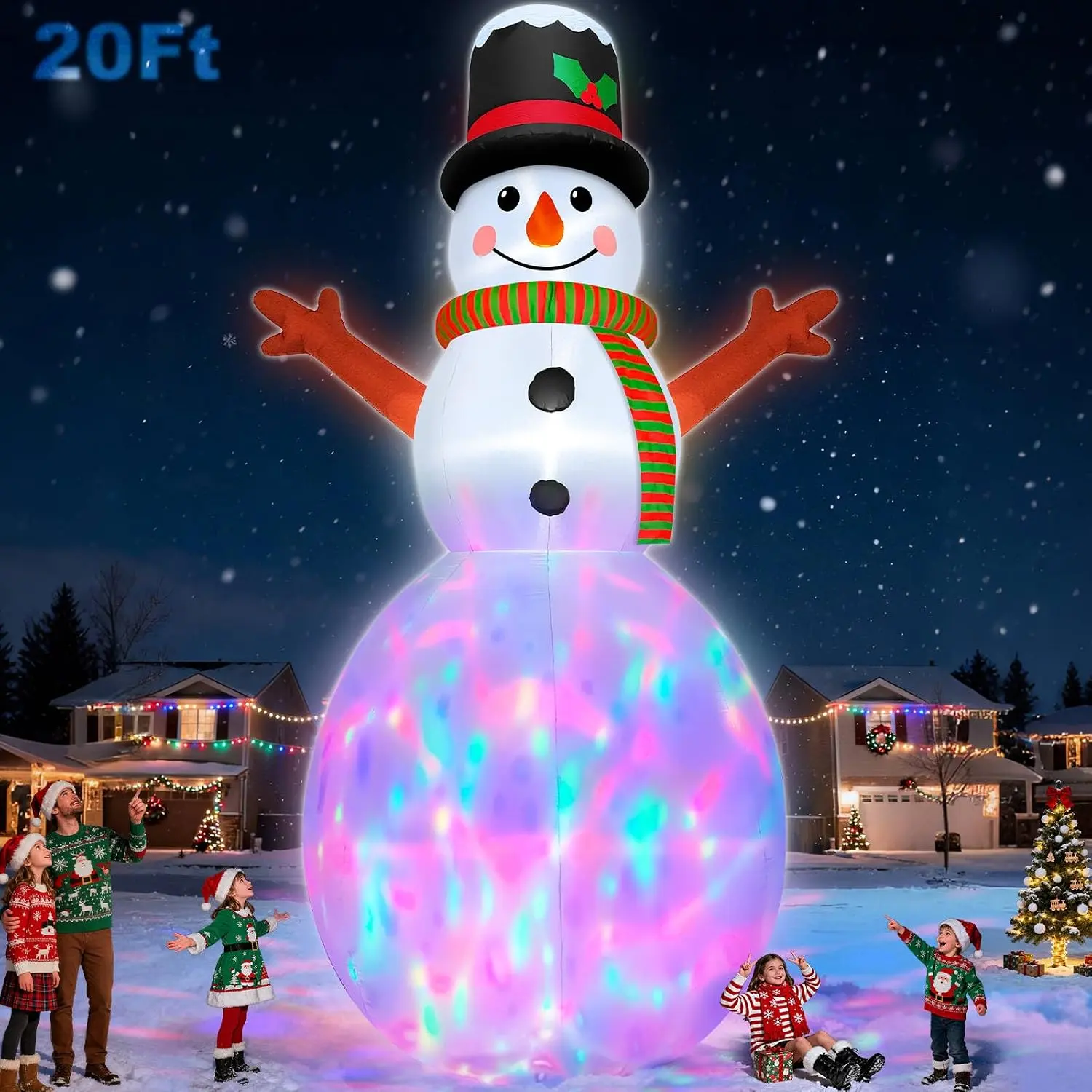 TURNMEON 20FT Giant Christmas Inflatable Snowman with Colorful 3D Rotating Lights, Outdoor Blow-Up Holiday Decor for Yard, Lawn & Xmas Party