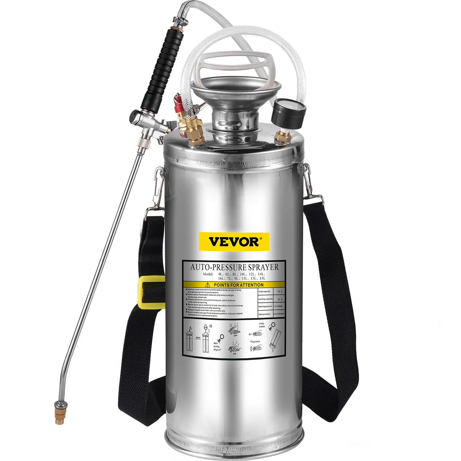 【summerfinds】VEVOR 2Gal Stainless Steel High Pressure Hand Pump Sprayer, with 20in Wand, Handle, 3FT Reinforced Hose, Pressure Gauge, Safety Valve, Adjustable Nozzle for Gardening, Sanitizing, High Pressure Spray