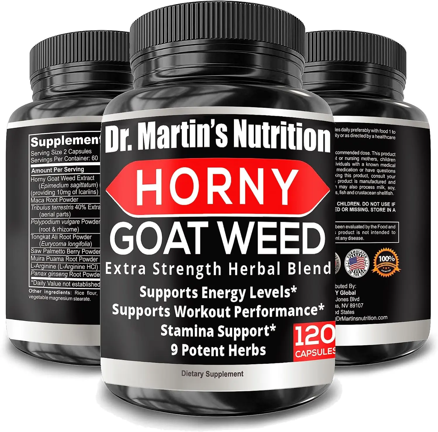 Horny Goat Weed for Men & Women - 120 Capsules, 9-Herb Formula, For Energy | With Maca, Tongkat Ali, Saw Palmetto, Tribulus, Ginseng, Arginine, Workout Performance, Endurance & Energy, For Men & Women