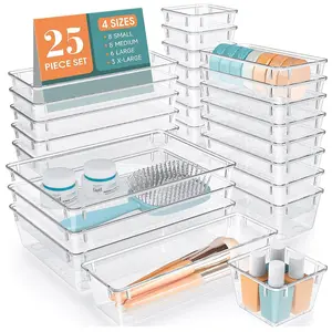 25PCS  Clear Plastic Drawer Organizer Set, 4 Sizes Desk Drawer Divider Organizers and Storage Bins Makeup, Jewelry,Gadgets Office Boxes Transparent