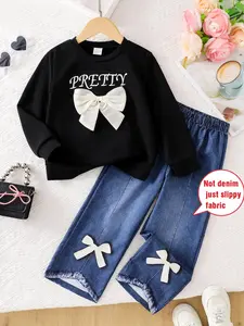 Girls' Bowknot Letter Print Black Long Sleeve Top & Faux Denim Jeans Set, Spring & Fall Casual Fashion Set, Youthful and Stylish Clothing, Casual Outfit Set