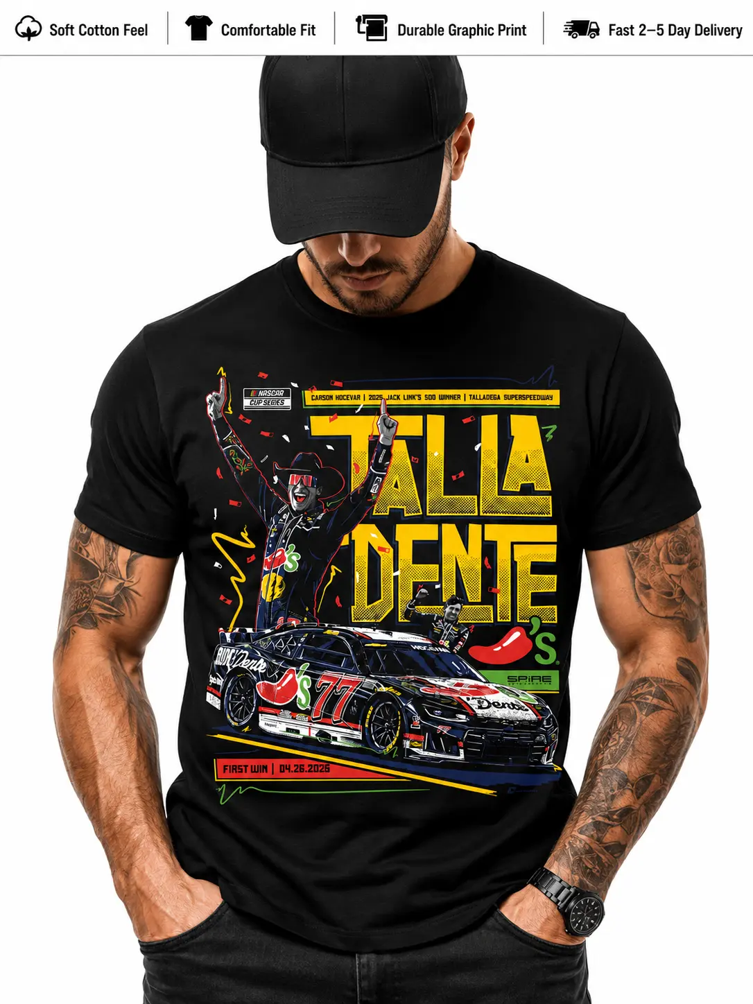 Carson Hocevar #77 Talla Dente NASCAR T-Shirt, Chili's Dente Talladega Winner Race Car Graphic Tee for Race Day Fans | Menswear & Underwear - Men's Tops - T-shirts - Men's Short-sleeve T-shirts