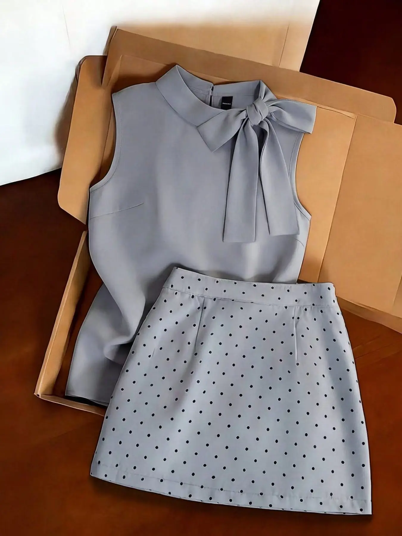 Butterfly Knot Sleeveless Top + Polka Dot Short Skirt Set, Matching Elegant Fitted Two-Piece Office Wear, Women's Fashion Clothes, Daily/workout Style, Minimalist Chic, Chic Skirt Sets, Matching Clothing Set, Boss Babe Outfit