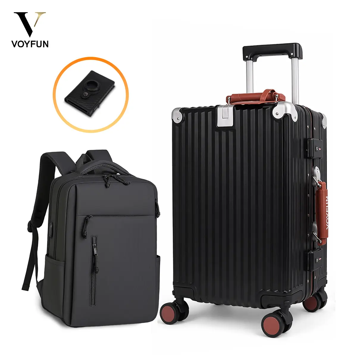 Aluminium Frame Zipperless Luggage Travel Set - 20in Carry-On PC Hardside Suitcase with Removable Spinner, TSA Lock, Check-Free Boarding & Buckle, Travel Backpack with Laptop Compartment, Carbon Fiber Card Wallet with Tag Slot, Minimalist