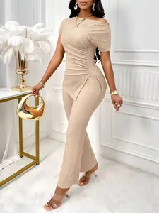 Asymmetric Neckline Ruched Hem Top & Bell Bottoms Set, Womenswear, Casual Batwing Sleeve, Daily Wear, Regular Fit