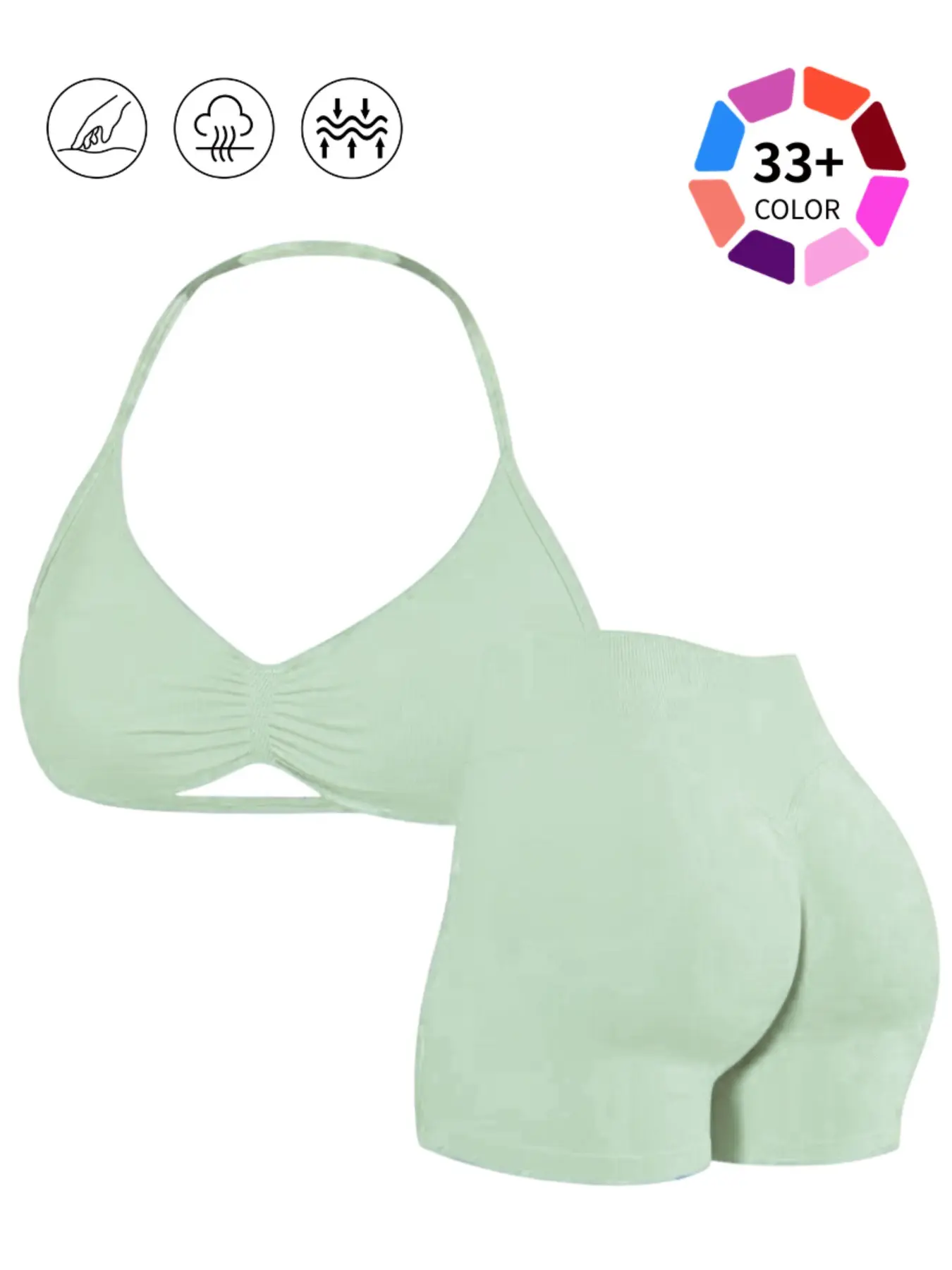 Halter V-Neck Ruched Athletic Yoga Set - 33+ Colors, Seamless 2-Piece Outfit with Removable Cups, Tummy Control High Waist & Scrunch Booty Lifting Shorts | Buttery Soft, Squat-Proof, Breathable Activewear for Gym, Yoga & Everyday Wear