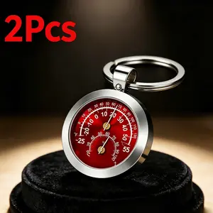 2Pcs Portable Thermometer Hygrometer Keychain, Mini Stainless Steel Temperature Humidity Gauge, Pocket Weather Monitor for Outdoor Camping Hiking, Red Dial Key Ring Accessory