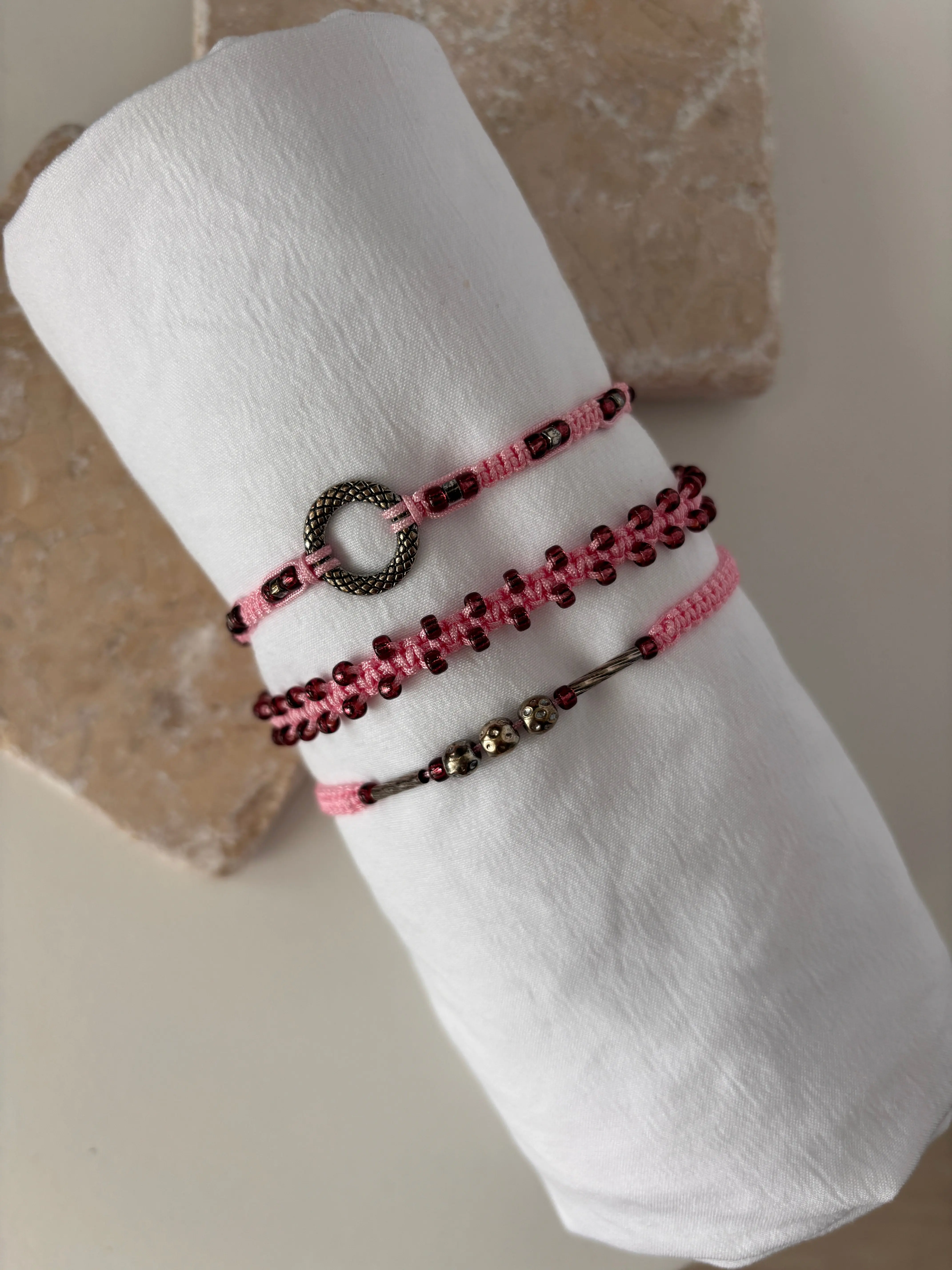 Pink Macrame Stacking Bracelet Set with Cranberry Seed Beads
