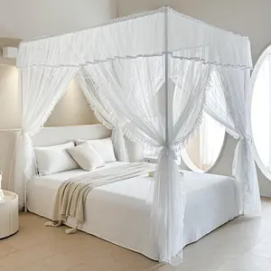 4 Corners Post Ruffle Princess Bed Canopy Curtain Double Layer Cozy Drape Netting with 4 Openings Elegant Mosquito Net for Girls and Adults Bedroom Decoration (White,Full)