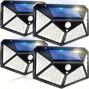 A set of 100 LED sensor lights (4 pieces), solar-powered, waterproof, suitable for outdoor use, with intelligent light sensors that automatically adjust brightness, four-sided wall lights, suitable for courtyards and outdoor locations. garden