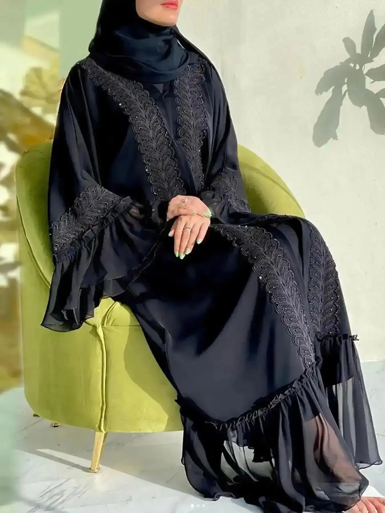 Arabic Clothing- Contrast Lace Belted Abaya without Hijabs, Summer Outfits 2024, Arabic Fashion Long Sleeve Flounce Sleeve Dress, Modest Abaya Clothing for Women Elegant Bohemian Party Flowy Casual Chic