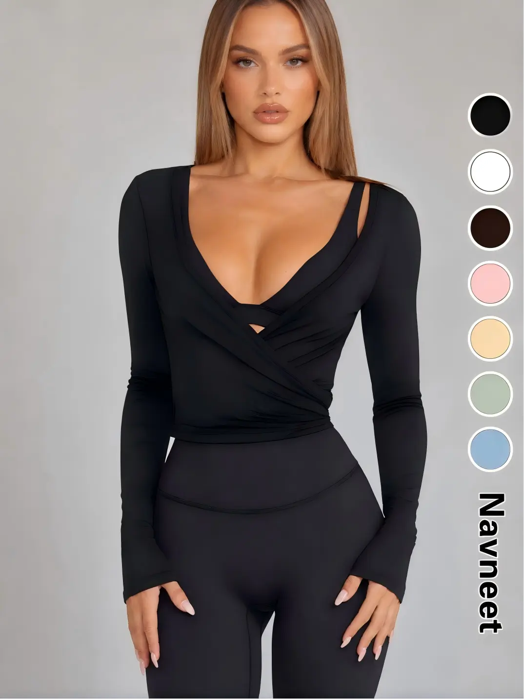 NAVNEET Women's Solid Long Sleeve Wrap Yoga Top, Elegant Chic Tie Front Deep V-Neck Slinky Crop Cardigan, Soft Slim Fit Shirt for Gym & Pilates Outfits,Lightweight Sexy Y2k Coquette Self Tie Basic Blouses, Casual, Dance, Party, Vacation, Workout