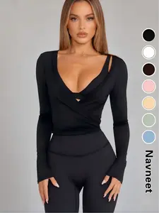 Navneet Women Long Sleeve Yoga Top: Tie Front Wrap Cardigan for Pilates, Workout, Gym - Soft Breathable Shirt, Adjustable Strap, Slim Fit