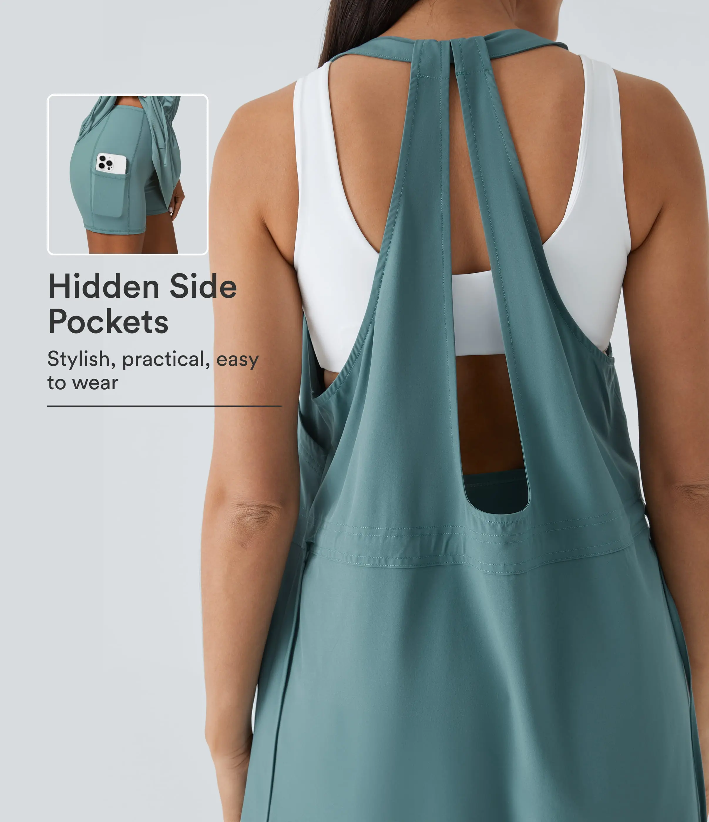 Halara Breezeful U Neck Backless Multiple Pockets Drawstring 2-Piece Quick Dry Mini Hiking Dress