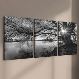 Wooden Framed Canvas Painting, 3 Counts/set Modern Art Black and White Lakeside Tree Shadow Poster, Wall Art Decor for Home Living Room Bedroom Office, Ornaments, Art Wall Decoration