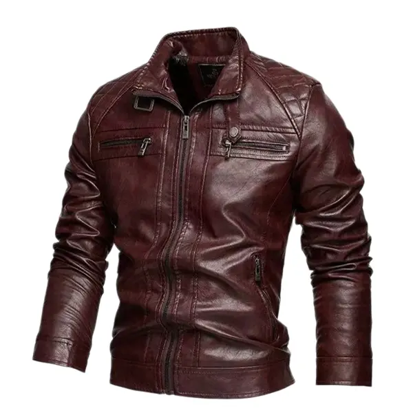 Men’s Classic Distressed Brown Faux-Leather Vintage Motorcycle Jacket - All Seasons Casual Long Plain Collared Neck Slim Fit Soft Fabric Full-Body Coat, Polyester, Multiple Zippered Pockets, Dual-Zipper for Commuting, Cycling