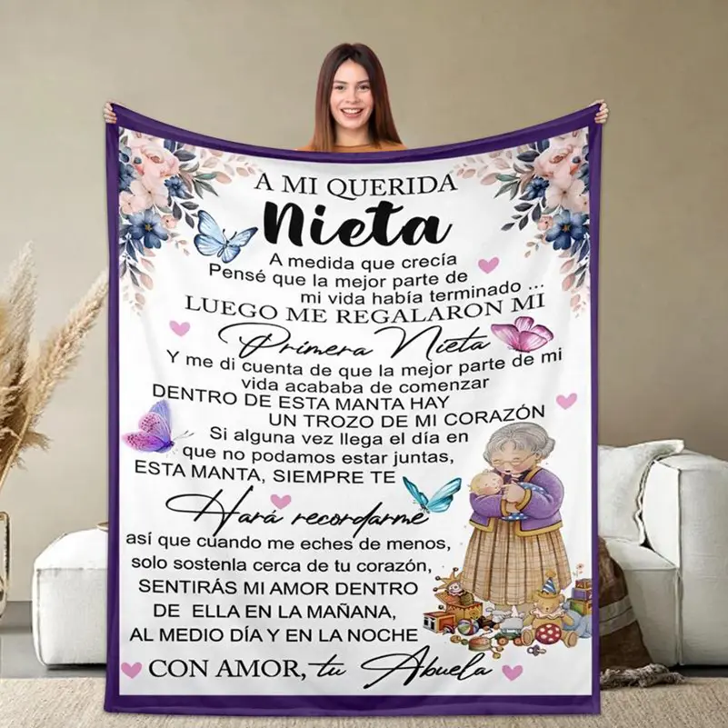 Spanish Flannel Throw Blanket for Granddaughters - A Mi Querida Nieta Floral Bird Design, Soft, Cozy, Warm, Lightweight Sentimental Gift for Birthday, Christmas, Blankets