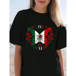 100%25 Cotton Summer Clothes Viva Mexico Butterfly Rose, Women, Men Mexican Independence T-Shirt Summer Outfits For Women