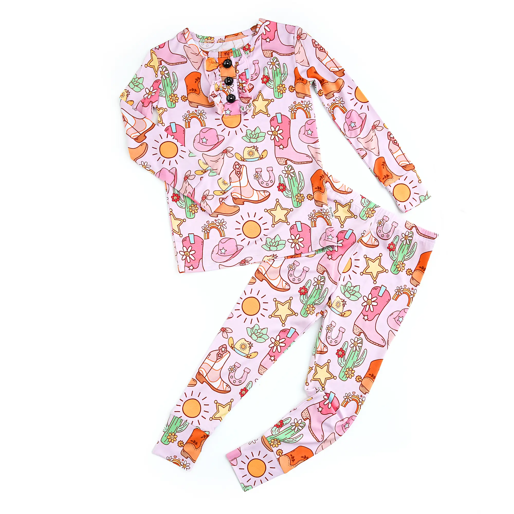 Lainey Pink Western Ruffle Two Piece Set Cowgirl Hat Boots girl white