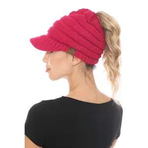 C.C MB131 - Soft Stretch Cable Knit Warm Hat High Bun Ponytail Multi Color Tribal Beanie