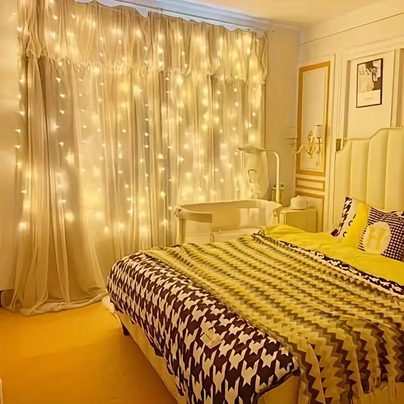 USB-Powered Curtain LED String Lights, 9.8ft x 9.8ft Warm White Fairy Lights with 8 Lighting Modes, Waterproof for Bedroom, Christmas Party, Home Decor, Waterproof Lights