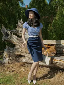 Dark Blue 1960s Striped Puff Sleeves Pencil Dress