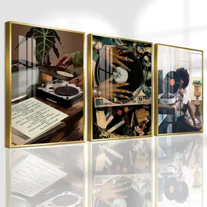 3 Count Aluminum Alloy Frame Canvas, Fashion Poster, Vintage Vinyl Record Player Art, Modern Living Room Decoration, Light Luxury Family Art, Suitable For Bedroom, Corridor And Office Wall Decor, Gift