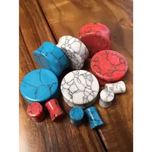 ALL 3 PAIR of Stunning Blue & Red Turquoise, White Howlite Stone Plugs - Double Flare - Gauges 8g thru 1"