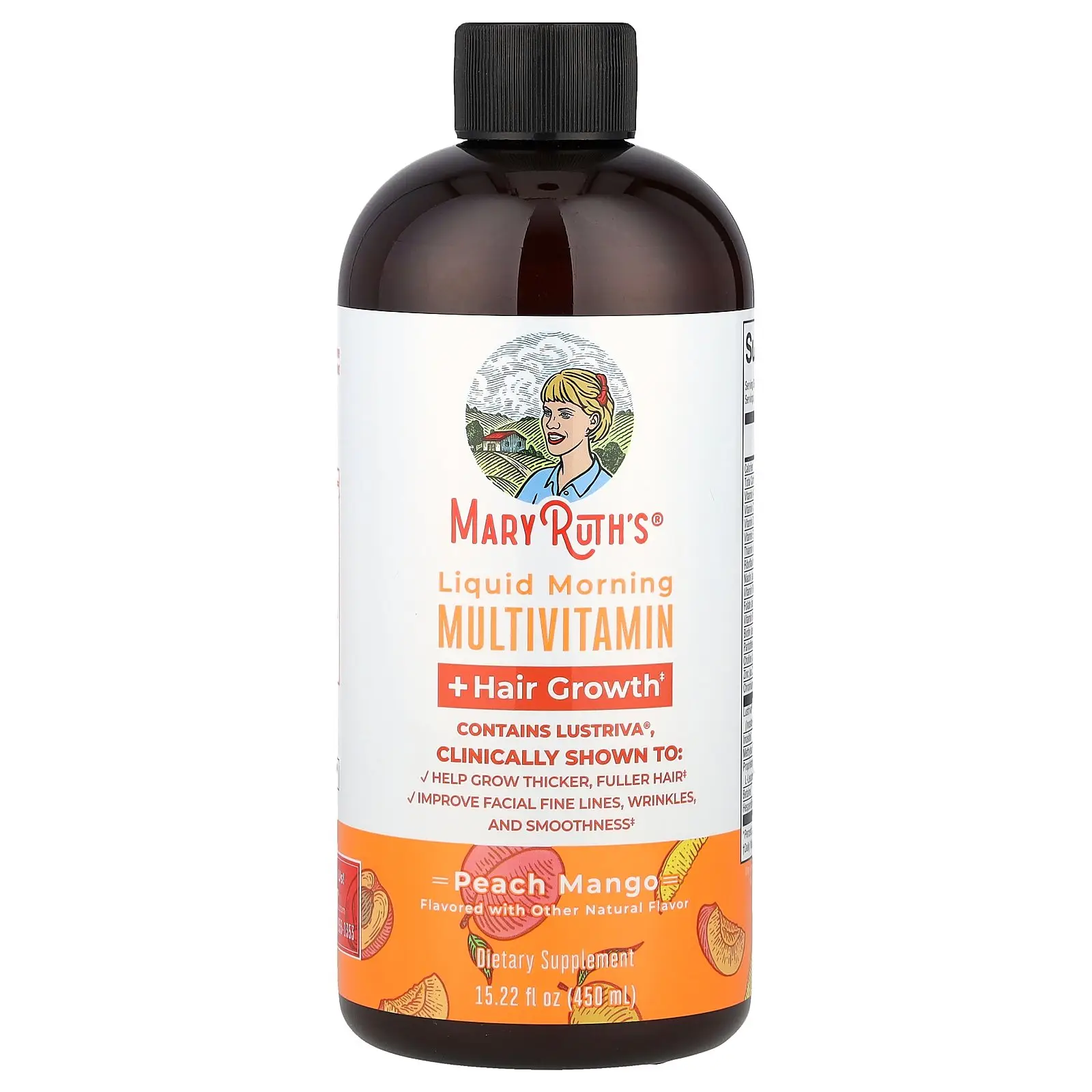 MaryRuth's Liquid Morning Multivitamin + Hair Growth, Peach Mango, 15.22 fl oz (450 ml)