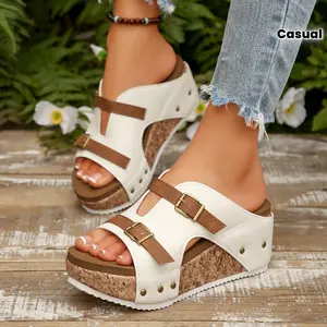 New Summer European And American Style Casual Thick Sole Wedge Shoes Women'S Large Size Double Buckle Rivet Thick Heel Sandals, Platform Sandals, Women Shoes