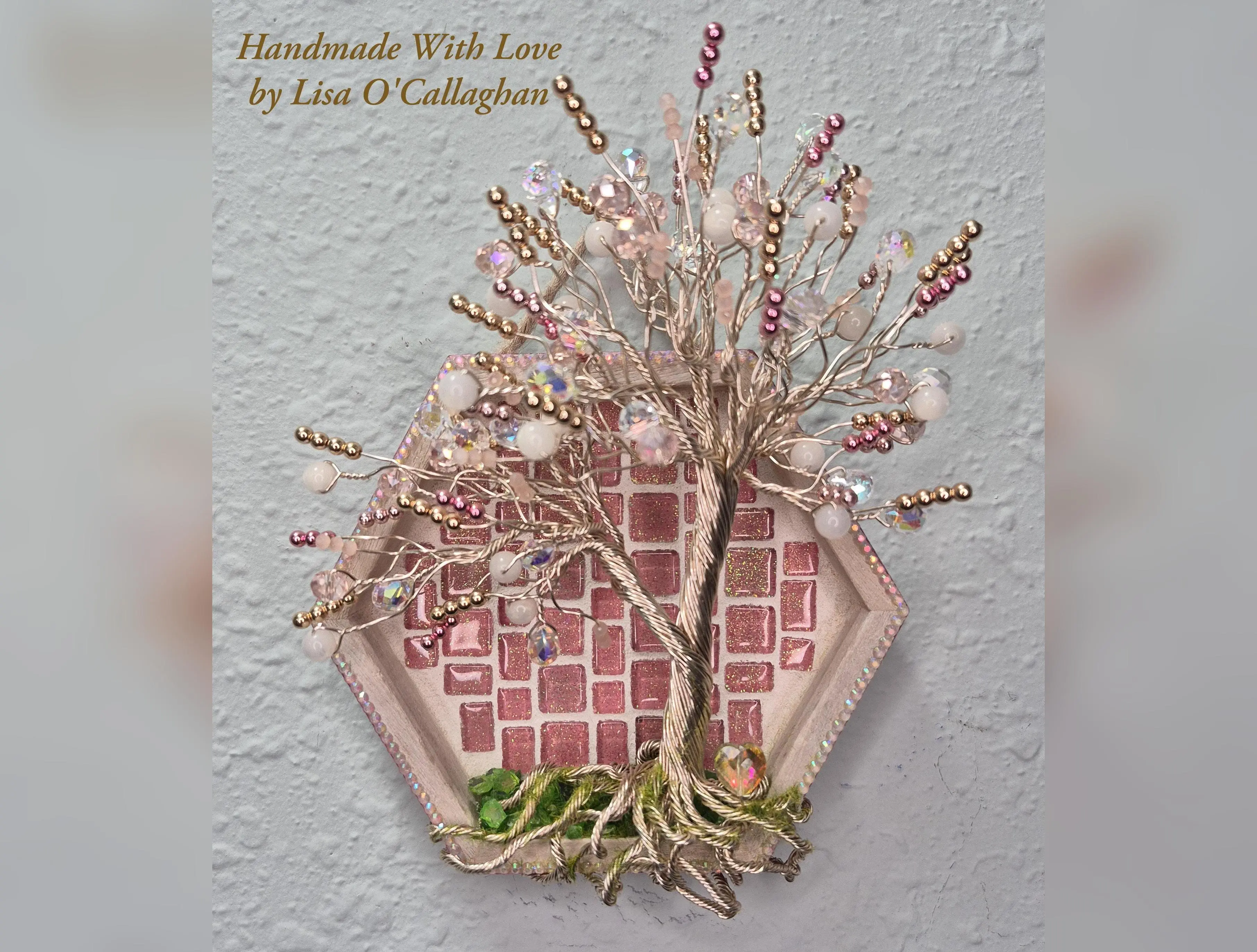 8"x6.5" Pink Champagne Tile Wire Tree of Life Wall Hanging with Iridescent Glitter & Gold Mica Powder Decor - Box
