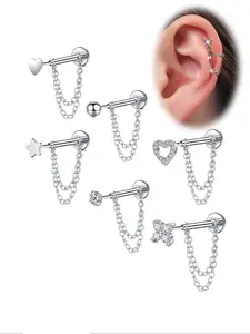 Stainless Steel Cubic Zirconia Cube Earrings, 20g Push-back Studs, Heart Star Flower Design, Unisex Cartilage Ear Pins, Fashionable Jewelry Gift