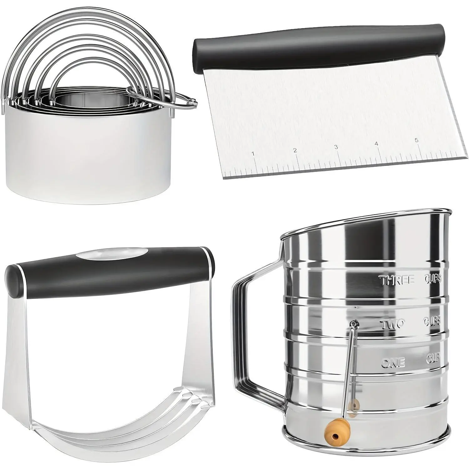 Pastry Cutter, Dough Blender, 3 Cup Flour Sifter And Biscuit Cutter, Stainless Steel Dough Cutter, Professional Baking Dough Tools for Cooking Cookies And Donuts(4pcs/Set)