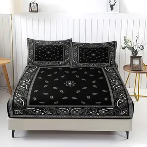 3Pcs Black Bandana Print Fitted Sheet Set, Intricate Floral and Paisley Design, Stylish Bedding for a Bold Bedroom Look, Eye-Catching Contrast, Perfect for Rock-and-Roll or Western Themes! Includes 2 Pillowcases, No Pillow Core