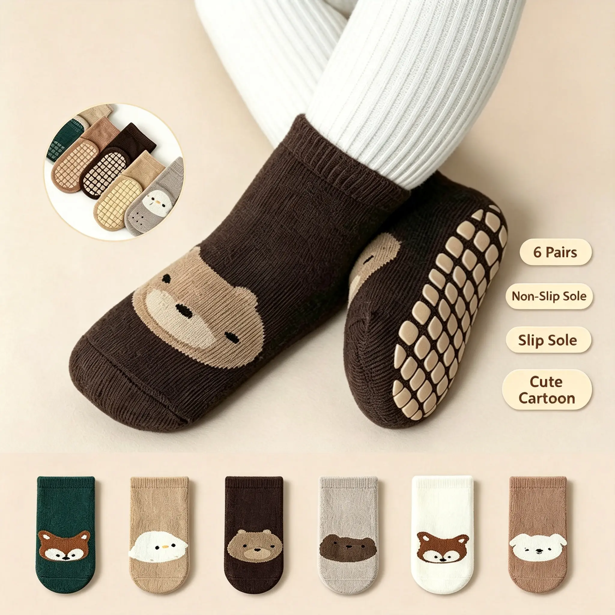 6/12/24 Pairs Baby Non Slip Socks, Cute Animal Anti Skid Socks for Toddlers Kids, Soft Warm Grip Socks for Boys Girls Toddler Crew Socks