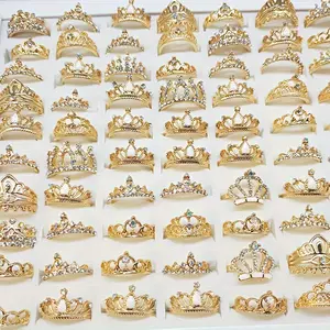 [Shiny Rhinestones Crown Rings] 50/100pcs Lot Shiny Rhinestones Crown Shape Rings |   Golden Inlaid Stackable Finger Jewelry For Women Girls - Elegant Decoration