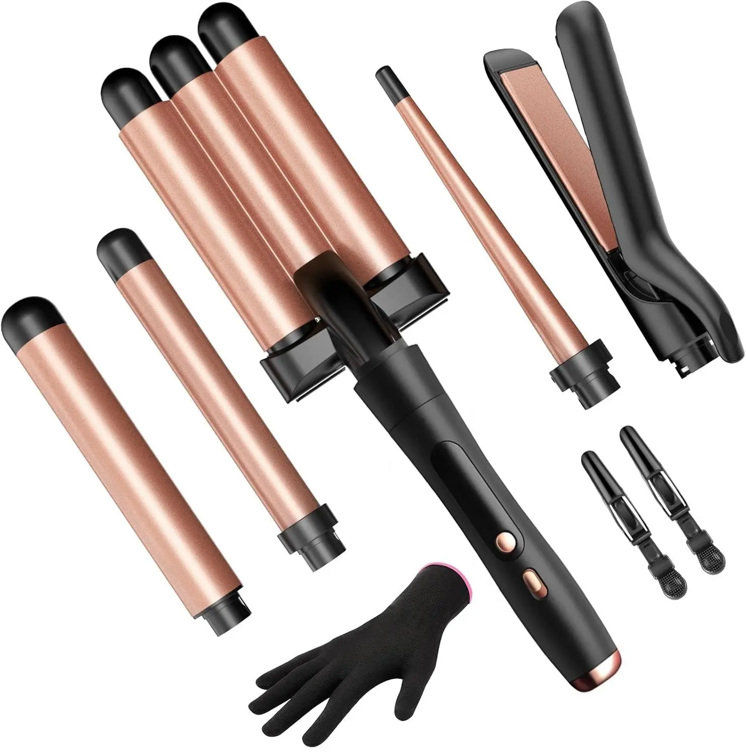 5 in 1 Wand Curling Iron - Curling Wand Set with Flat Iron Hair Straightener, 3 Barrels Hair Crimper, 3 Ceramic Curling Irons (0.35"-1.25"), 2 Temps Fast Heat Hair Waver Curler, Rose Gold
