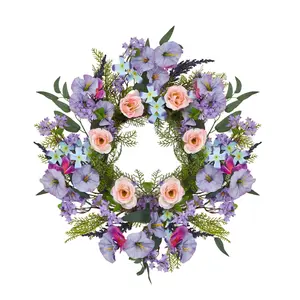 20 Inch Artificial Trumpet Rose Wreath - Lifelike Purple & Pink Floral Home Decor - Durable PVC & PE Materials - All-Season Farmhouse Wall or Front Door Decoration