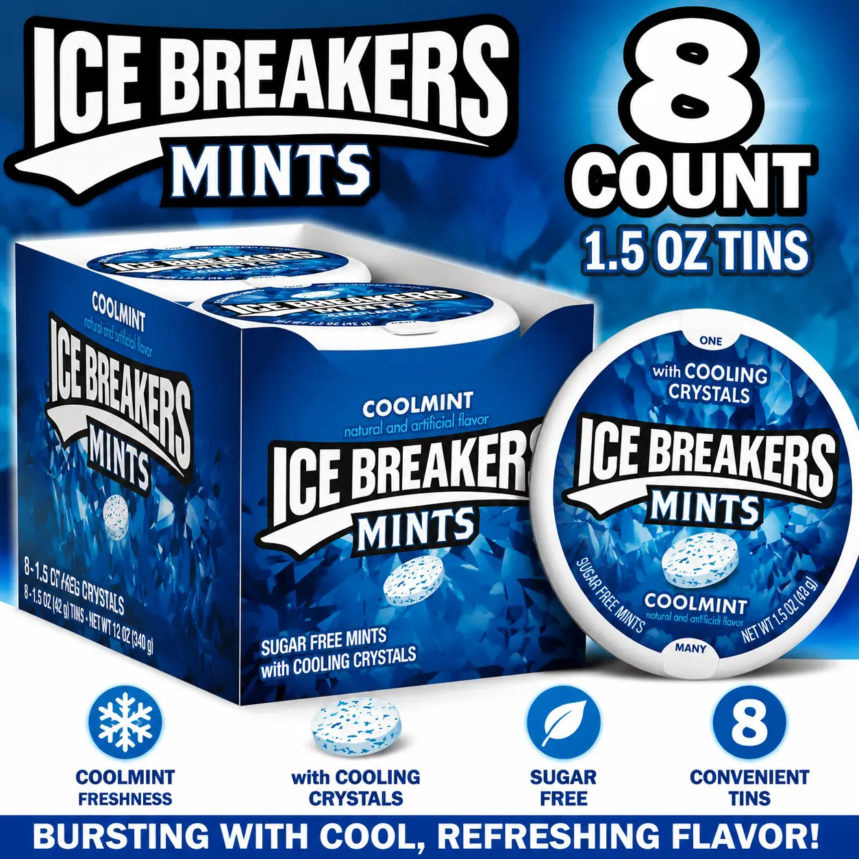 Ice Breakers Coolmint Mints 1.5 oz 8 Count Tins ️ Sugar Free Breath Mints | Refreshing Mint Candy for Everyday Freshness