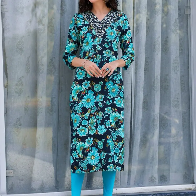 Heavy Embroidery Rayon Kurti Adorned with Intricate Zari Sequins and Brasso Lace in Soft Rayon Fabric for Casual Summer Wear - Womenswear, Comfort, Vneck, Dress, Floral