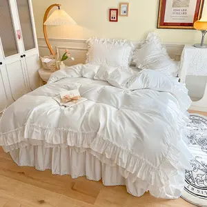 3-Piece White/Pink Wide Ruffle Lace Trim Bedding Set, Includes 1 Duvet Cover & 2 Pillowcases, Korean Style for Girls bedroom, Single/twin/double/queen Sizes 120G fabric Excellent fabric for all seasons, Soft Bedding Sets, Ruffled Bedding Set