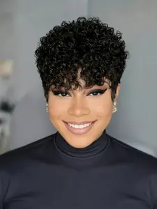 Curly Wave Short Pixie Cut Wigs for  Women Full Machine Made Soft Wigs Human Hair with Bangs