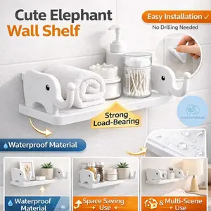 [BJLE] Cute Elephant Wall Shelf – Waterproof Adhesive Wall Organizer, No-Drill Bathroom & Home Storage Rack, Space-Saving Decor Shelf