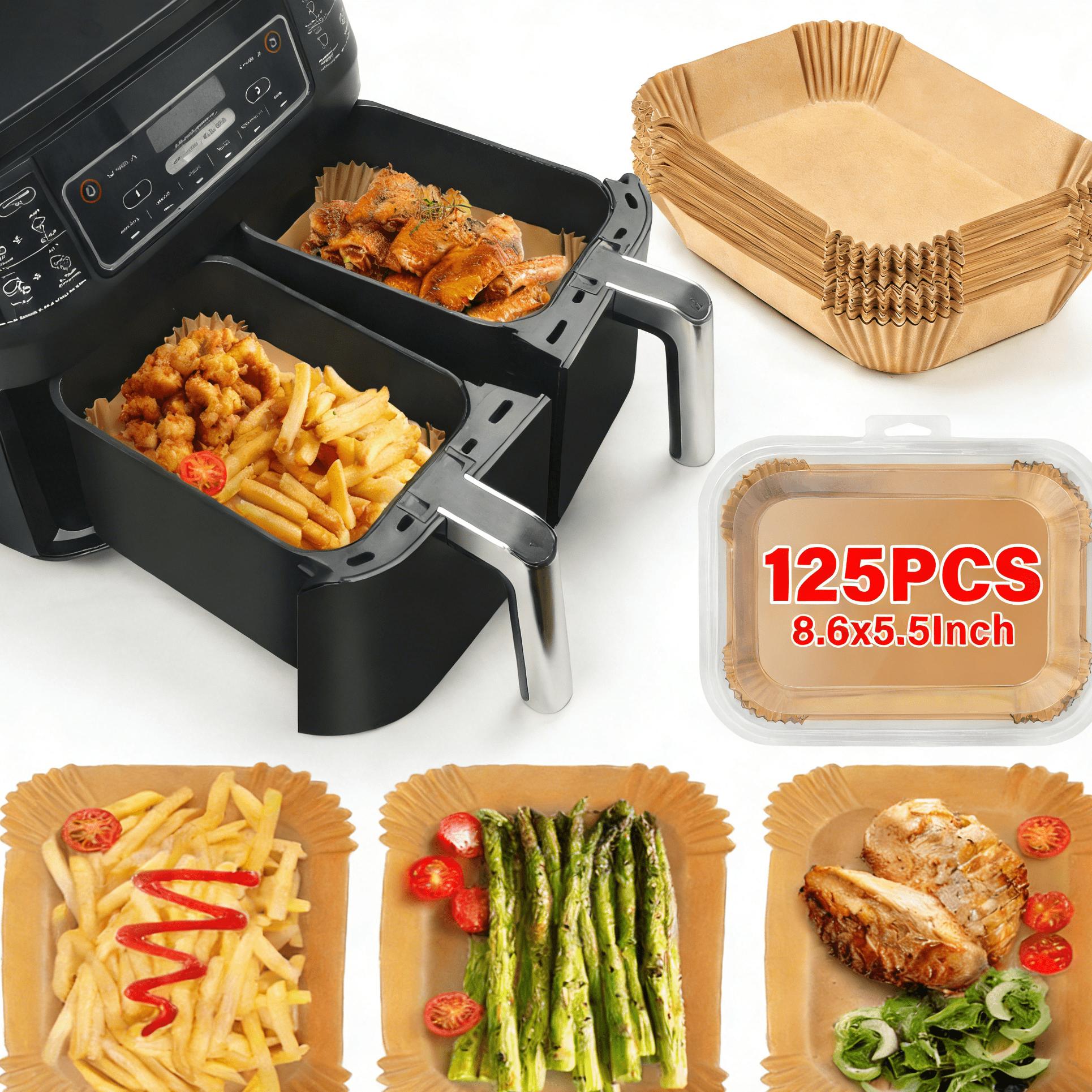 125 pcs Rectangular Disposable Air Fryer Liners, 8.6 x 5.5 in, Non-stick, Oil-resistant parchment paper, compatible with dual baskets, suitable for meal prep, baking, roasting, camping, picnics, easy to clean—a mess-free kitchen gadget for busy families
