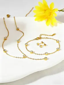 Gold Tone CZ Bezel Set Jewelry Set for Women, 3Pcs Dainty Station Charm Necklace Bracelet Earrings Set, Elegant Stainless Steel Everyday Jewelry