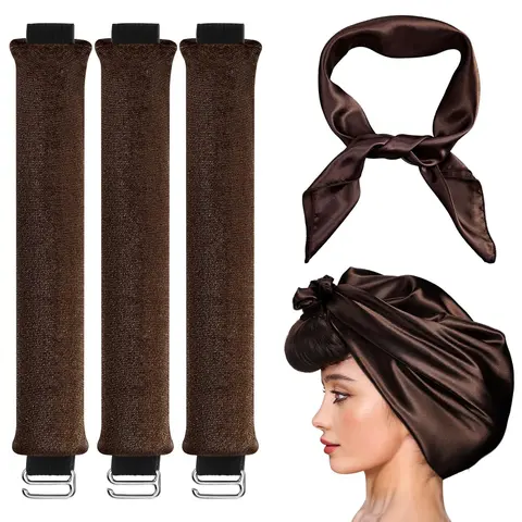 3-Pack Heatless Curls Styling Kit - Velvet Rollers, Silk Scarf, Hook, Headbands for Women, Hair Tools for Medium to Long Hair, Heatless Curls Overnight, Adds Shine and Smoothness, Textured Loose Styles,familyfun