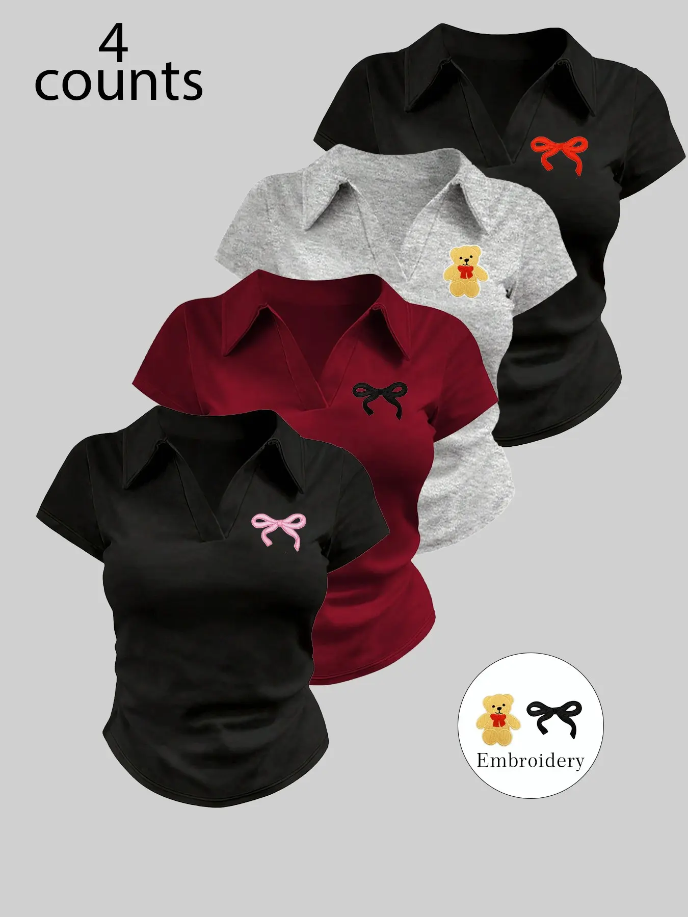 Women's 4-Piece Spring Summer Pure Desire Style Polo Shirts, V-Neck Slim Fit, Cotton Material, Multiple Colors & Patterns