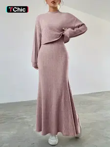 Women's Solid Color Long Sleeve Top & Long Dress Set, Casual Basic Top, Lady Fall & Winter Clothes for Daily Wear, Womenswear